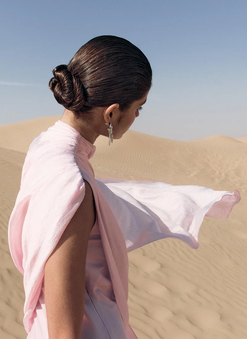Lichi  Textured maxi dress with asymmetrical draping and cape for Women | Best Price UAE